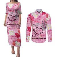 Butterfly Polynesia Breast Cancer Couples Matching Puletasi and Long Sleeve Button Shirt Nobody Fights Alone Pink Out Tropical Hibiscus DT02 Pink - Polynesian Pride