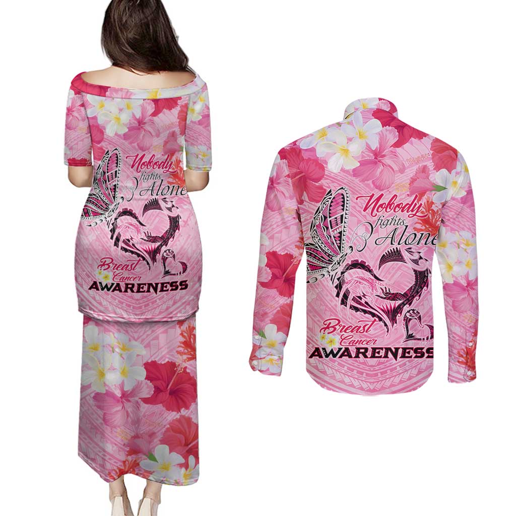 Butterfly Polynesia Breast Cancer Couples Matching Puletasi and Long Sleeve Button Shirt Nobody Fights Alone Pink Out Tropical Hibiscus DT02 - Polynesian Pride