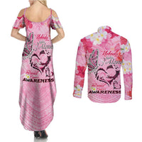 Butterfly Polynesia Breast Cancer Couples Matching Summer Maxi Dress and Long Sleeve Button Shirt Nobody Fights Alone Pink Out Tropical Hibiscus DT02 - Polynesian Pride