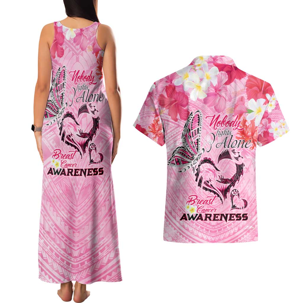 Butterfly Polynesia Breast Cancer Couples Matching Tank Maxi Dress and Hawaiian Shirt Nobody Fights Alone Pink Out Tropical Hibiscus