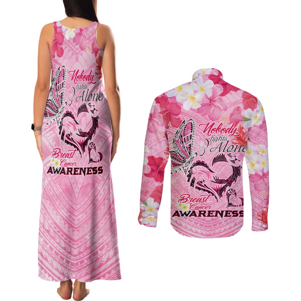 Butterfly Polynesia Breast Cancer Couples Matching Tank Maxi Dress and Long Sleeve Button Shirt Nobody Fights Alone Pink Out Tropical Hibiscus DT02 - Polynesian Pride