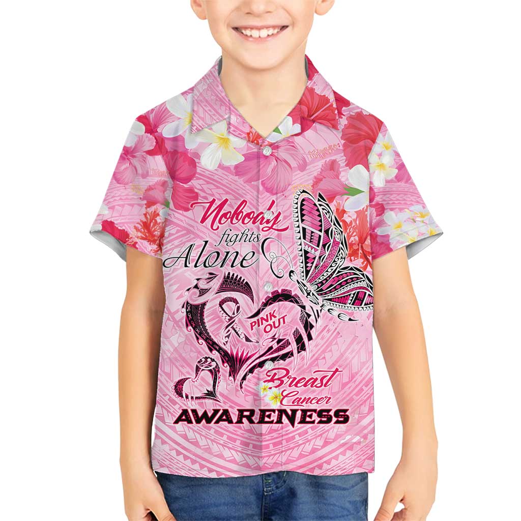 Butterfly Polynesia Breast Cancer Family Matching Long Sleeve Bodycon Dress and Hawaiian Shirt Nobody Fights Alone Pink Out Tropical Hibiscus