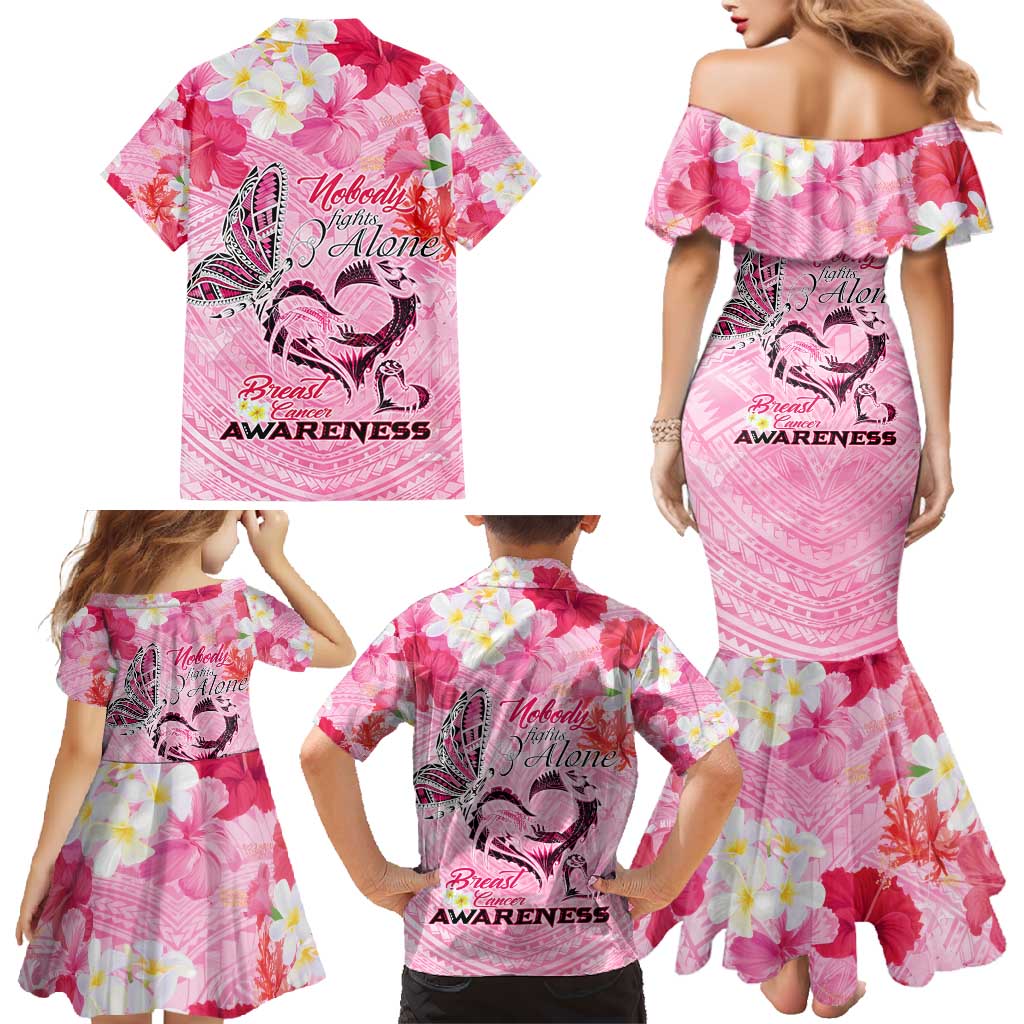 Butterfly Polynesia Breast Cancer Family Matching Mermaid Dress and Hawaiian Shirt Nobody Fights Alone Pink Out Tropical Hibiscus