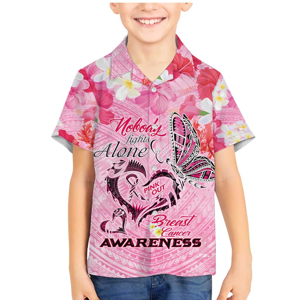 Butterfly Polynesia Breast Cancer Family Matching Mermaid Dress and Hawaiian Shirt Nobody Fights Alone Pink Out Tropical Hibiscus