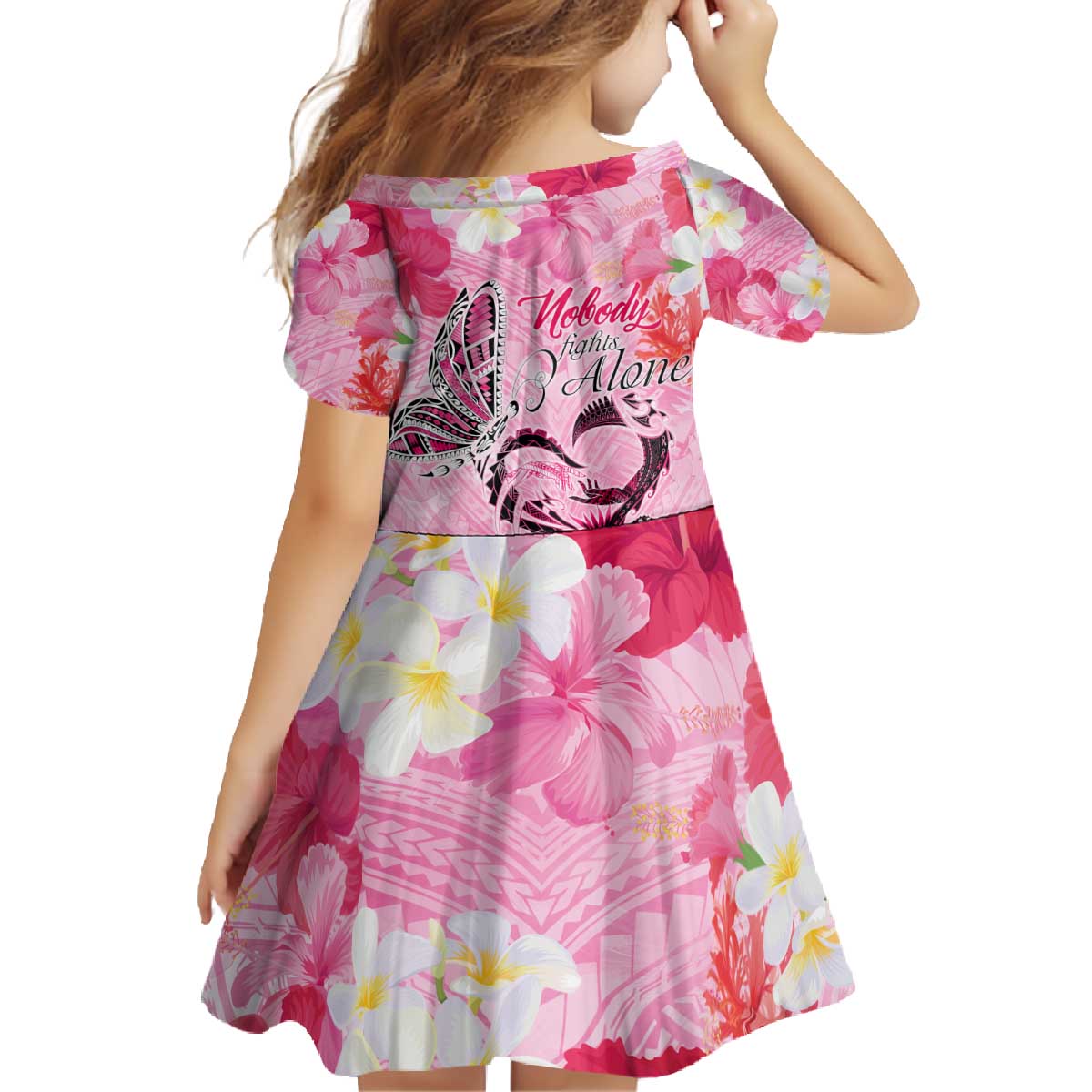 Butterfly Polynesia Breast Cancer Family Matching Off The Shoulder Long Sleeve Dress and Hawaiian Shirt Nobody Fights Alone Pink Out Tropical Hibiscus