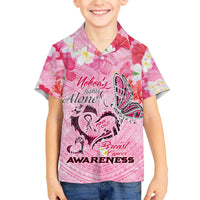 Butterfly Polynesia Breast Cancer Family Matching Off The Shoulder Long Sleeve Dress and Hawaiian Shirt Nobody Fights Alone Pink Out Tropical Hibiscus