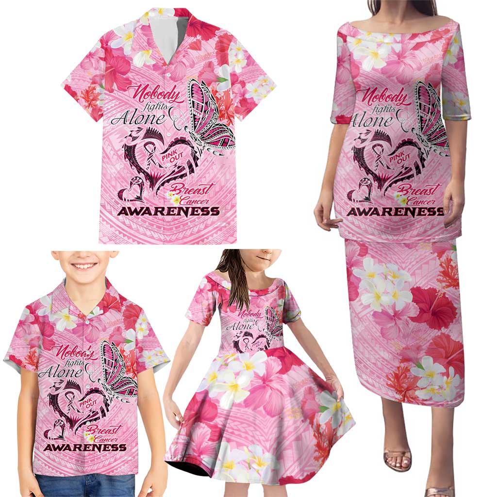 Butterfly Polynesia Breast Cancer Family Matching Puletasi and Hawaiian Shirt Nobody Fights Alone Pink Out Tropical Hibiscus