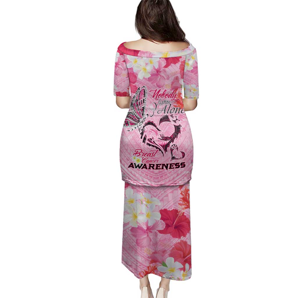 Butterfly Polynesia Breast Cancer Family Matching Puletasi and Hawaiian Shirt Nobody Fights Alone Pink Out Tropical Hibiscus