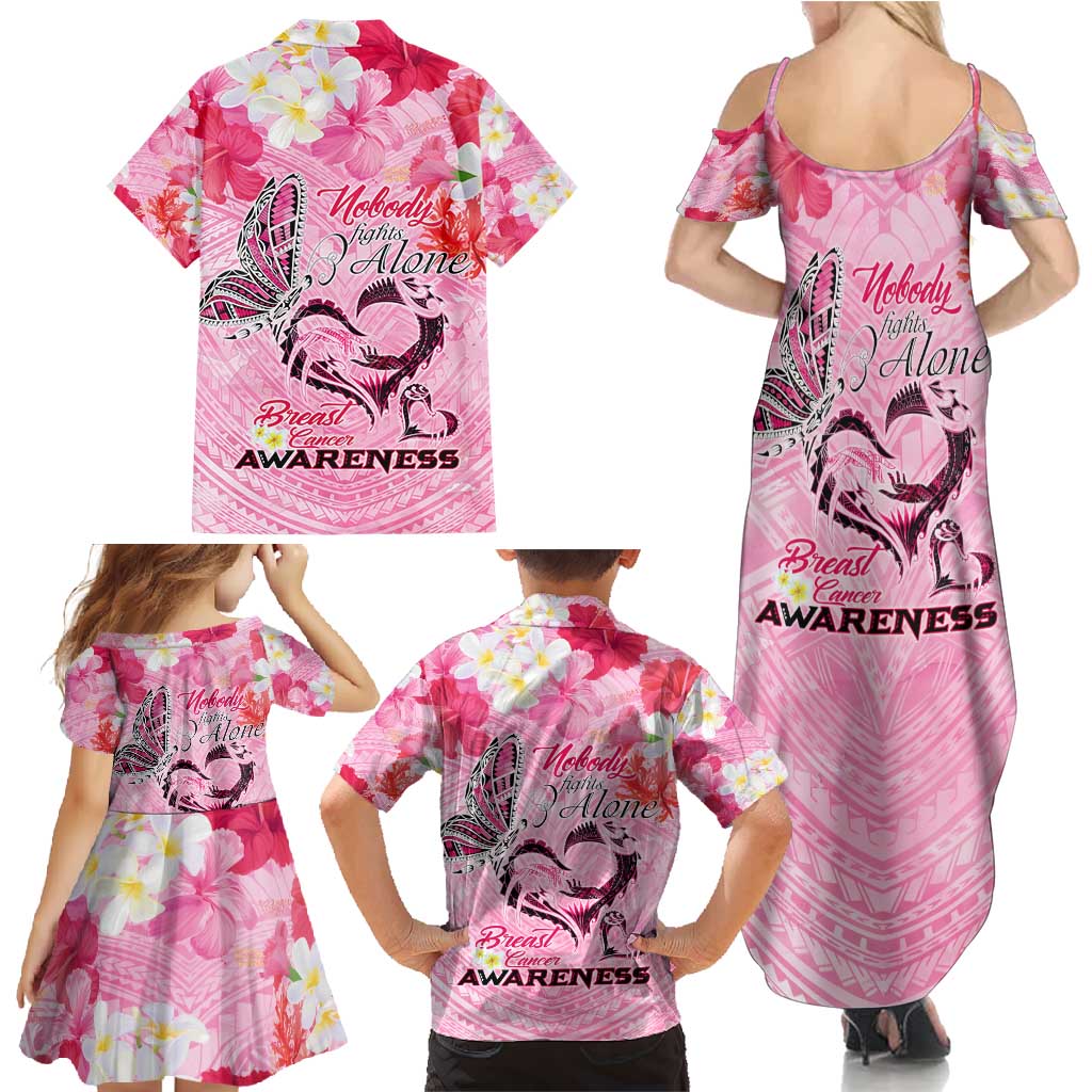 Butterfly Polynesia Breast Cancer Family Matching Summer Maxi Dress and Hawaiian Shirt Nobody Fights Alone Pink Out Tropical Hibiscus
