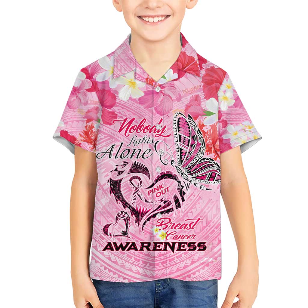Butterfly Polynesia Breast Cancer Kid Hawaiian Shirt Nobody Fights Alone Pink Out Tropical Hibiscus