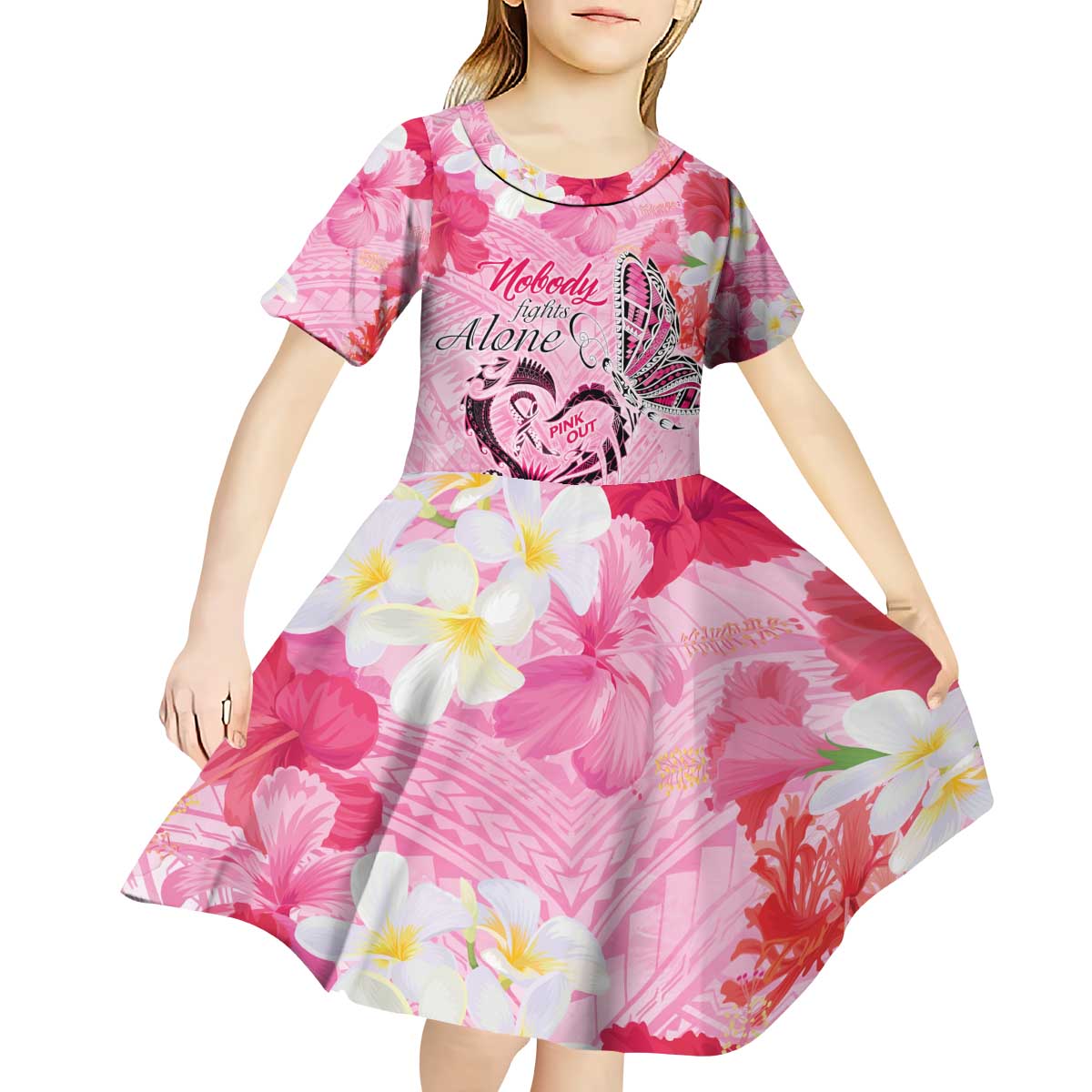 Butterfly Polynesia Breast Cancer Kid Short Sleeve Dress Nobody Fights Alone Pink Out Tropical Hibiscus
