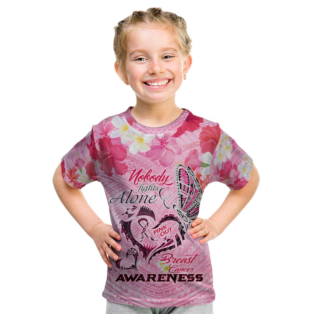 Butterfly Polynesia Breast Cancer Kid T Shirt Nobody Fights Alone Pink Out Tropical Hibiscus DT02 Pink - Polynesian Pride
