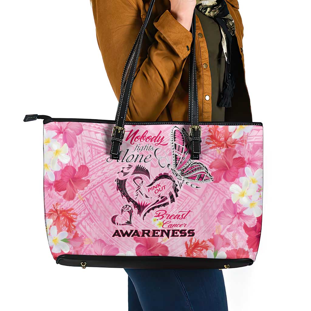 Butterfly Polynesia Breast Cancer Leather Tote Bag Nobody Fights Alone Pink Out Tropical Hibiscus
