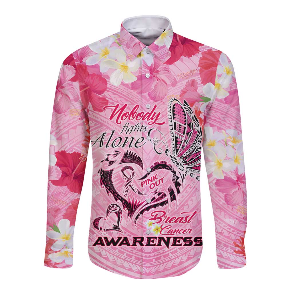 Butterfly Polynesia Breast Cancer Long Sleeve Button Shirt Nobody Fights Alone Pink Out Tropical Hibiscus