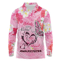 Butterfly Polynesia Breast Cancer Long Sleeve Polo Shirt Nobody Fights Alone Pink Out Tropical Hibiscus
