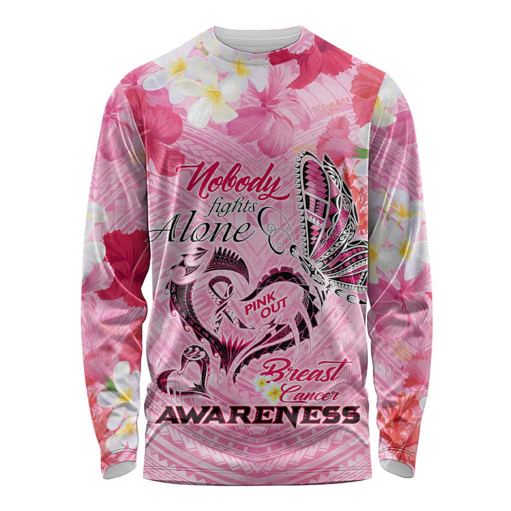 Butterfly Polynesia Breast Cancer Long Sleeve Shirt Nobody Fights Alone Pink Out Tropical Hibiscus DT02 Unisex Pink - Polynesian Pride