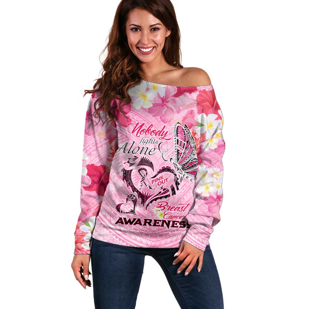 Butterfly Polynesia Breast Cancer Off Shoulder Sweater Nobody Fights Alone Pink Out Tropical Hibiscus