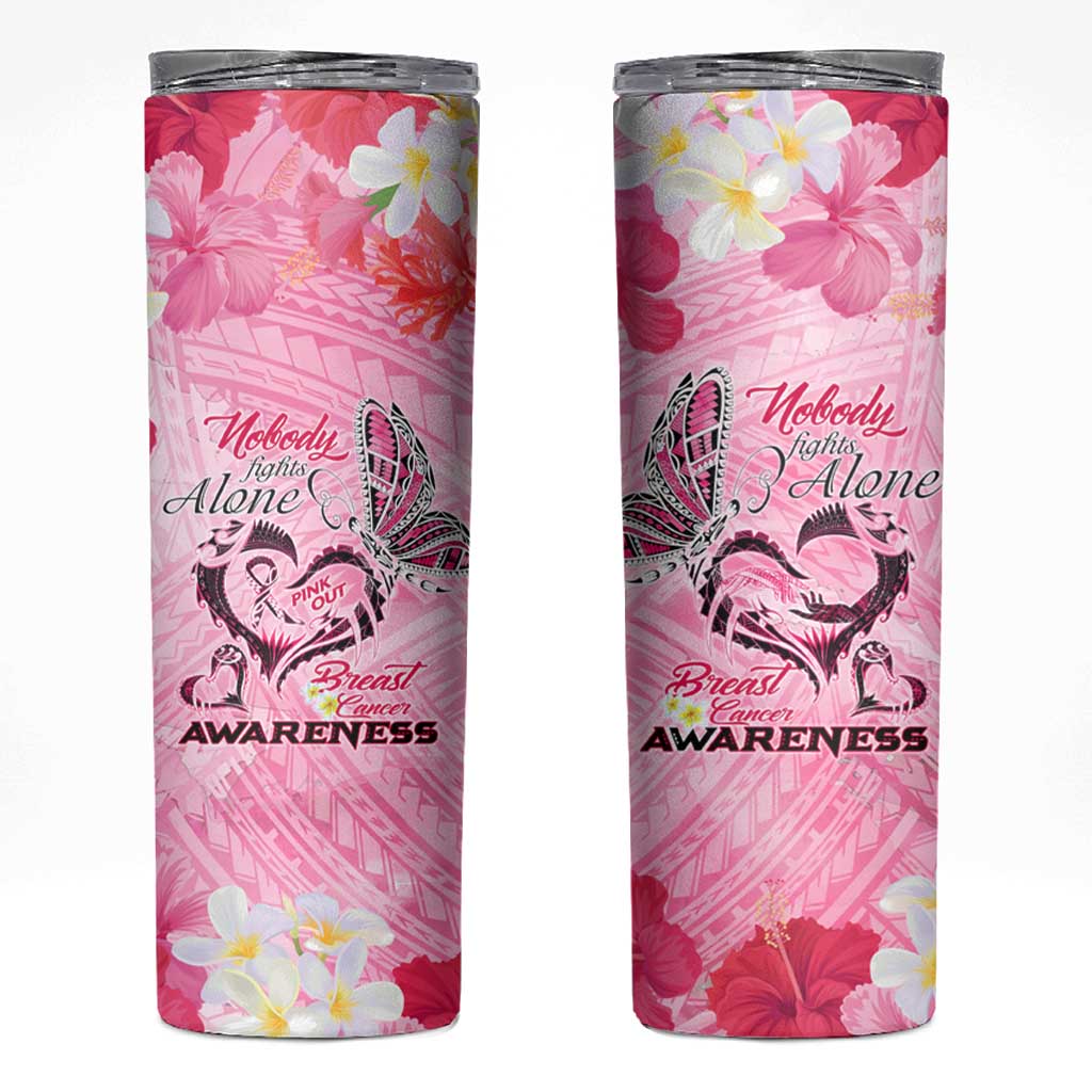Butterfly Polynesia Breast Cancer Skinny Tumbler Nobody Fights Alone Pink Out Tropical Hibiscus