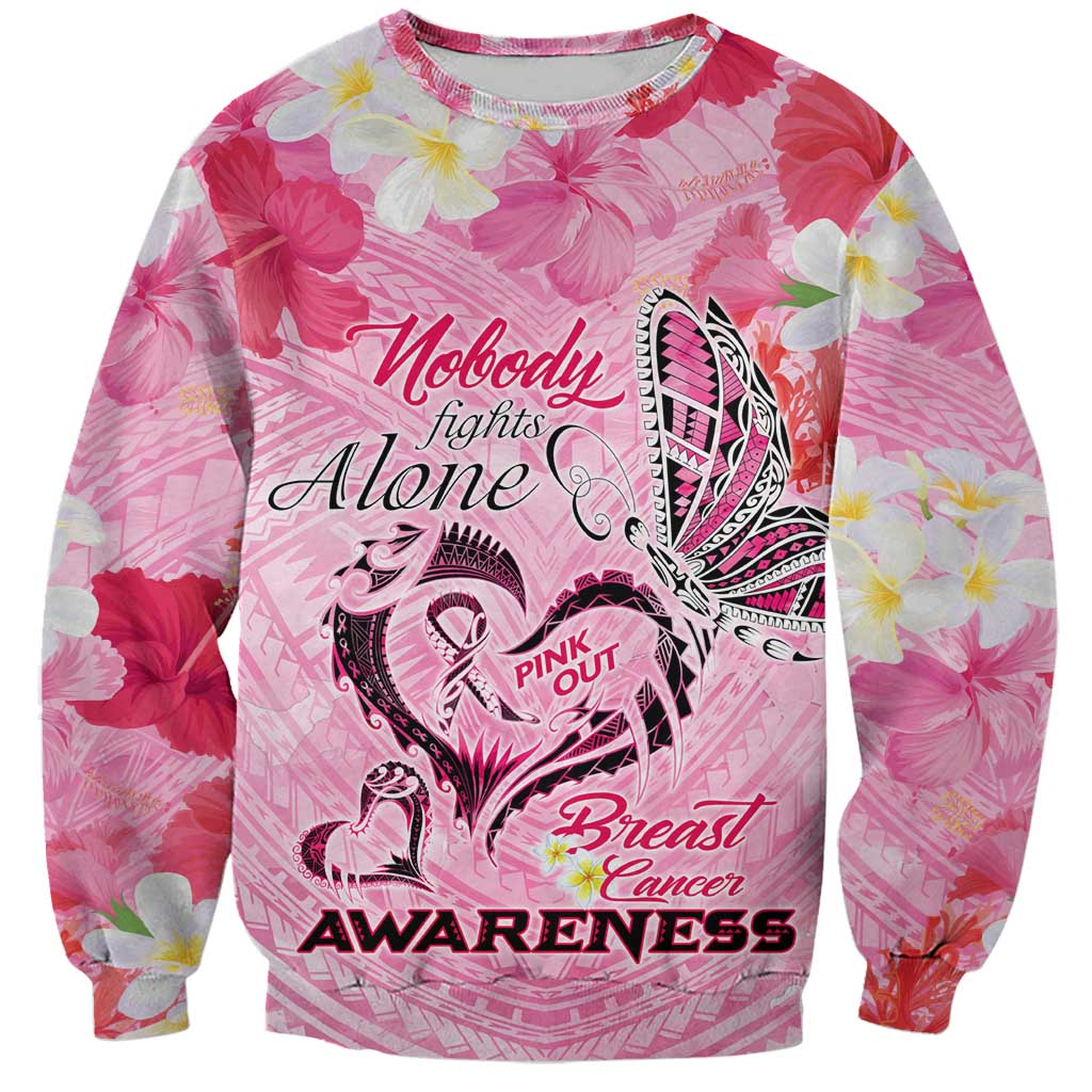 Butterfly Polynesia Breast Cancer Sweatshirt Nobody Fights Alone Pink Out Tropical Hibiscus