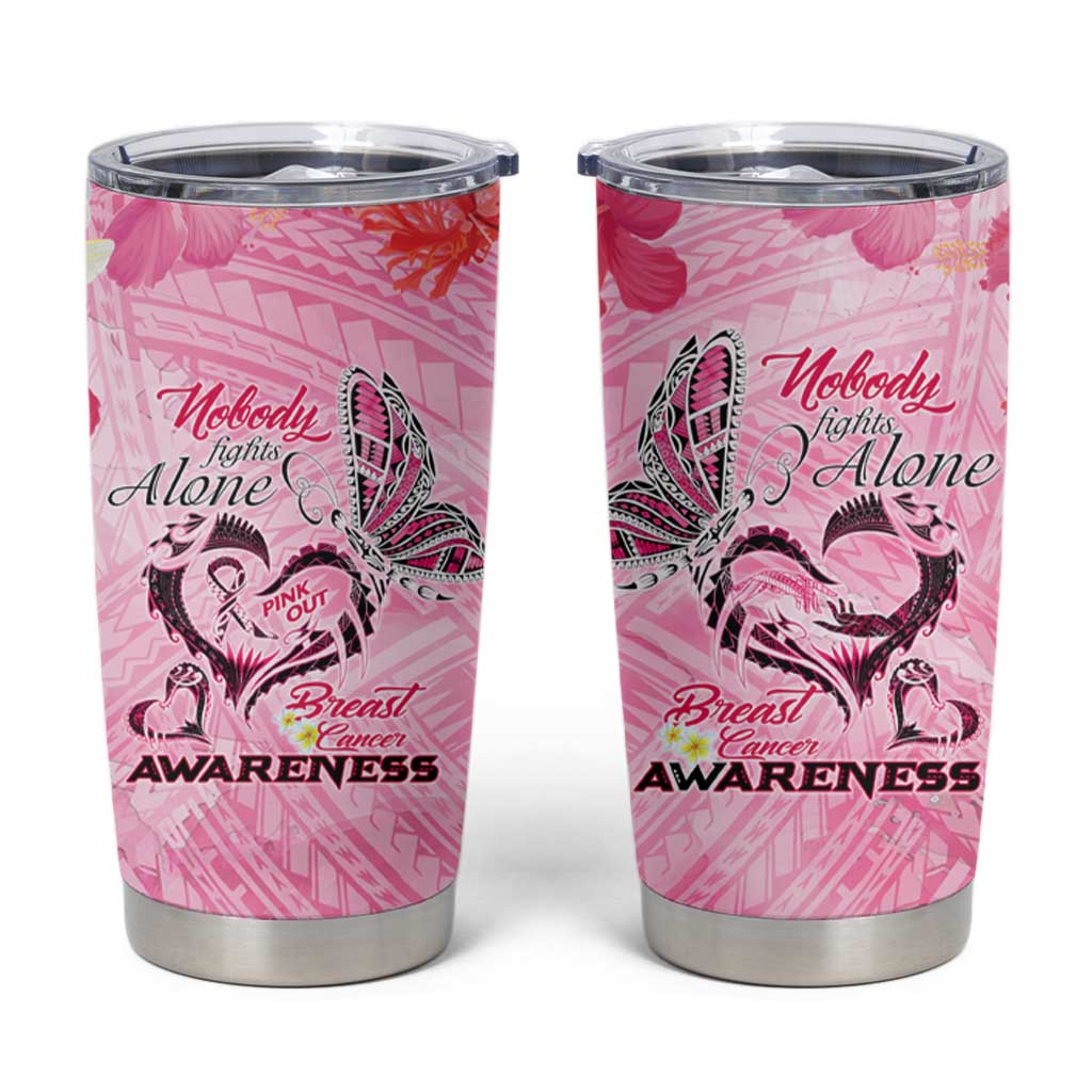 Butterfly Polynesia Breast Cancer Tumbler Cup Nobody Fights Alone Pink Out Tropical Hibiscus