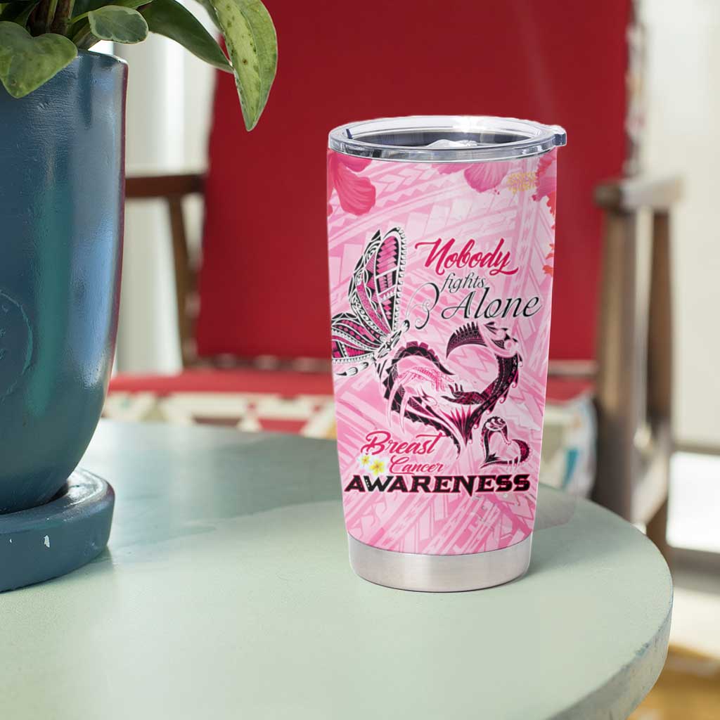 Butterfly Polynesia Breast Cancer Tumbler Cup Nobody Fights Alone Pink Out Tropical Hibiscus