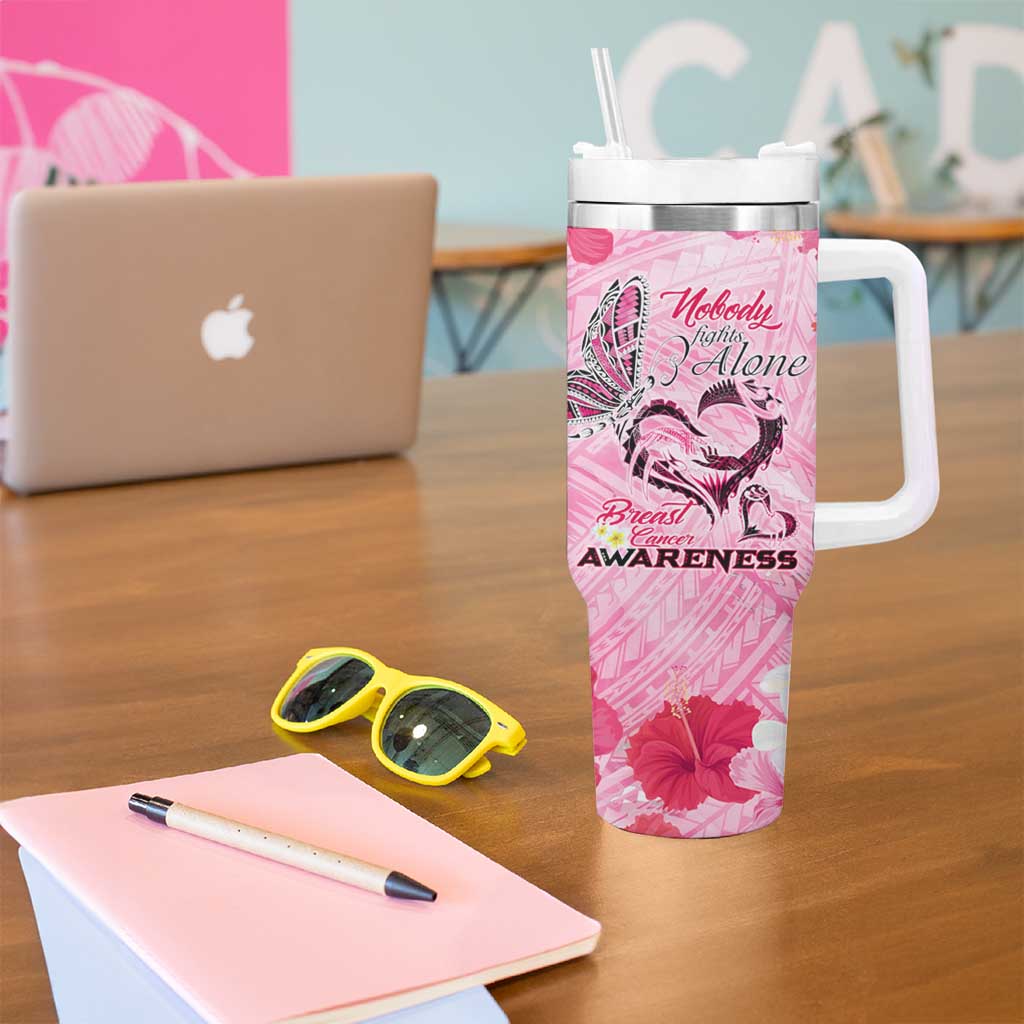 Butterfly Polynesia Breast Cancer Tumbler With Handle Nobody Fights Alone Pink Out Tropical Hibiscus