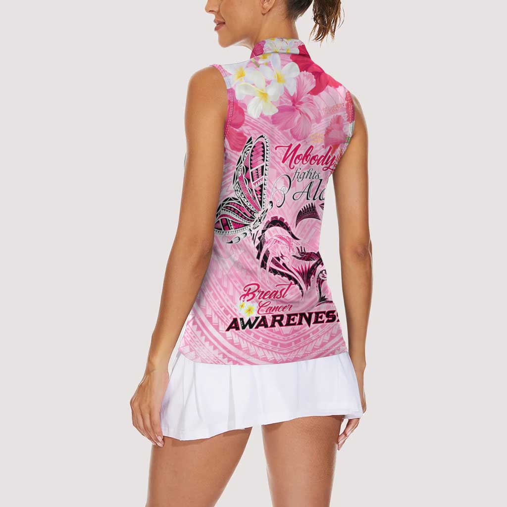 Butterfly Polynesia Breast Cancer Women Sleeveless Polo Shirt Nobody Fights Alone Pink Out Tropical Hibiscus