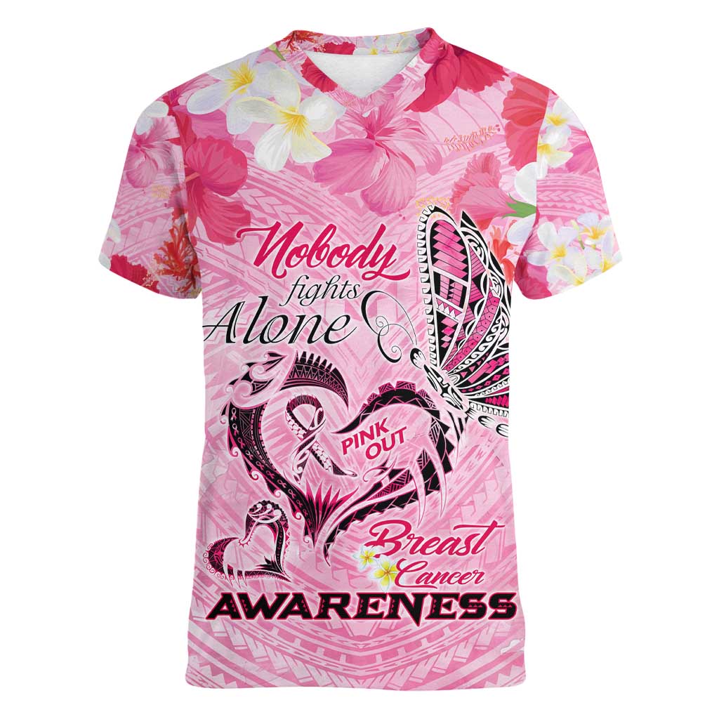Butterfly Polynesia Breast Cancer Women V-Neck T-Shirt Nobody Fights Alone Pink Out Tropical Hibiscus