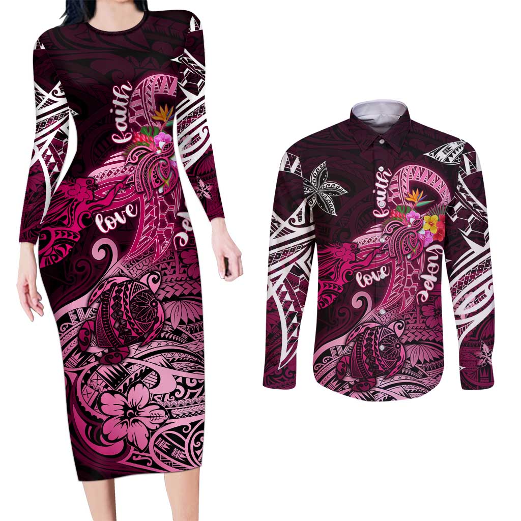 Breast Cancer Mermaid Polynesia Couples Matching Long Sleeve Bodycon Dress and Long Sleeve Button Shirt Faith Hope Love DT02 Pink - Polynesian Pride