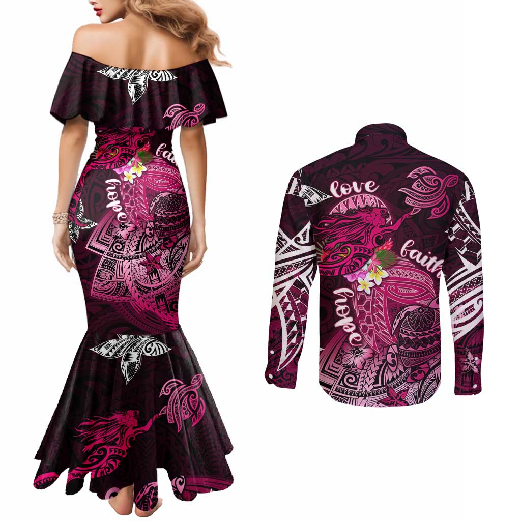 Breast Cancer Mermaid Polynesia Couples Matching Mermaid Dress and Long Sleeve Button Shirt Faith Hope Love DT02 - Polynesian Pride