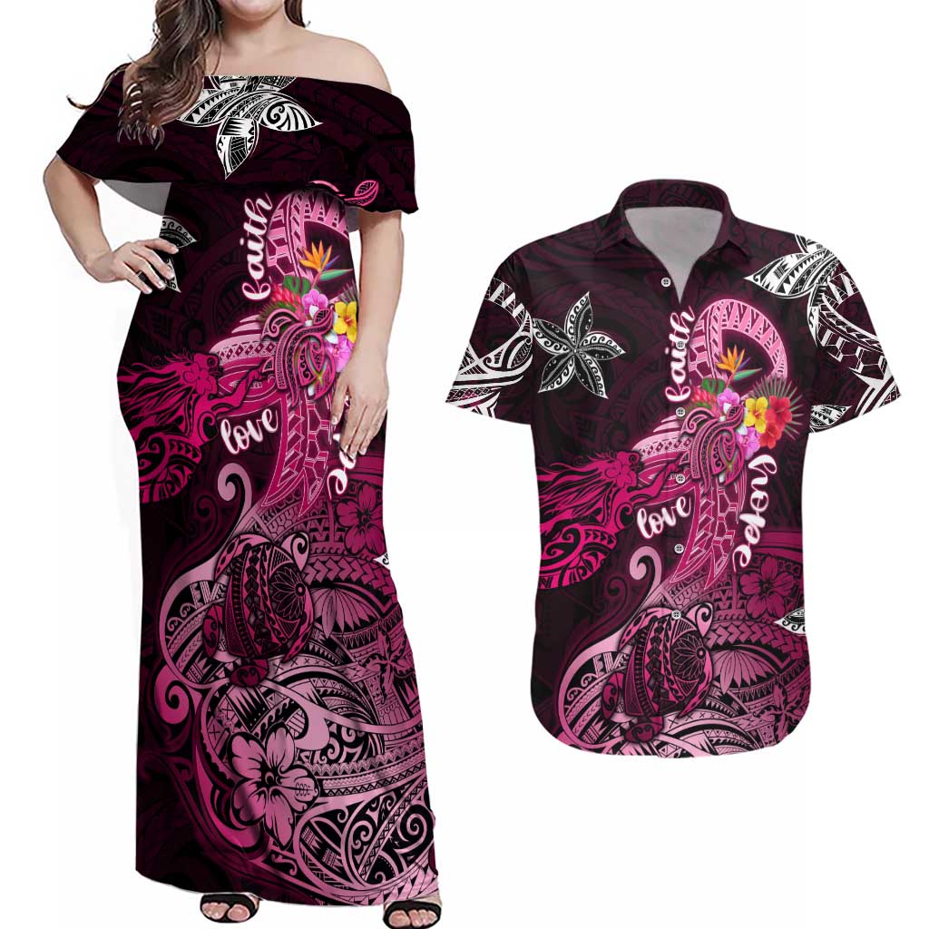 Breast Cancer Mermaid Polynesia Couples Matching Off Shoulder Maxi Dress and Hawaiian Shirt Faith Hope Love DT02 Pink - Polynesian Pride