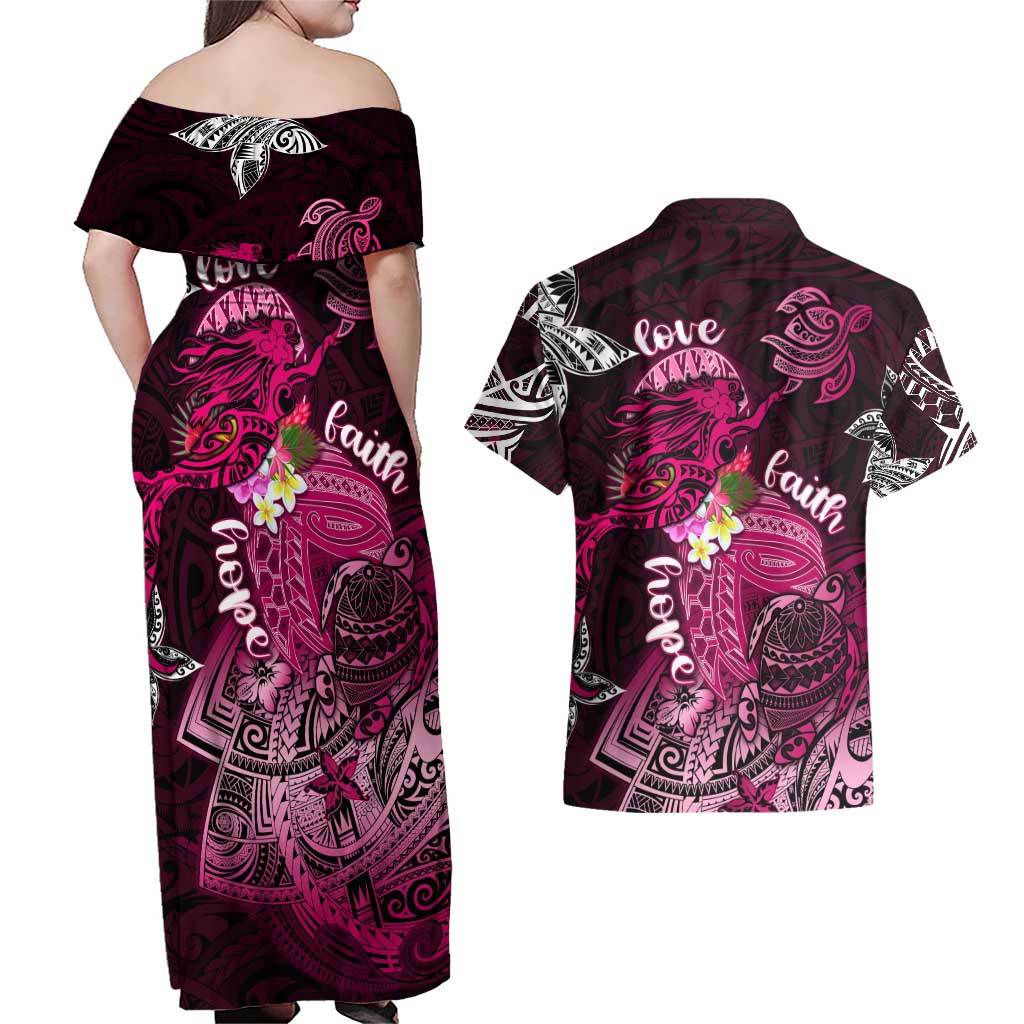 Breast Cancer Mermaid Polynesia Couples Matching Off Shoulder Maxi Dress and Hawaiian Shirt Faith Hope Love DT02 - Polynesian Pride