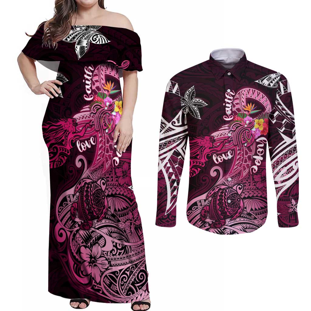 Breast Cancer Mermaid Polynesia Couples Matching Off Shoulder Maxi Dress and Long Sleeve Button Shirt Faith Hope Love DT02 Pink - Polynesian Pride