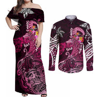 Breast Cancer Mermaid Polynesia Couples Matching Off Shoulder Maxi Dress and Long Sleeve Button Shirt Faith Hope Love DT02 Pink - Polynesian Pride