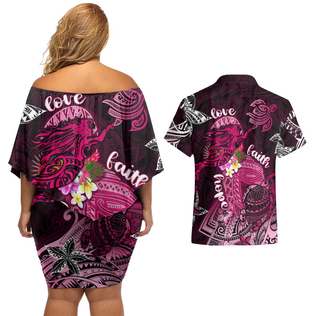 Breast Cancer Mermaid Polynesia Couples Matching Off Shoulder Short Dress and Hawaiian Shirt Faith Hope Love DT02 - Polynesian Pride