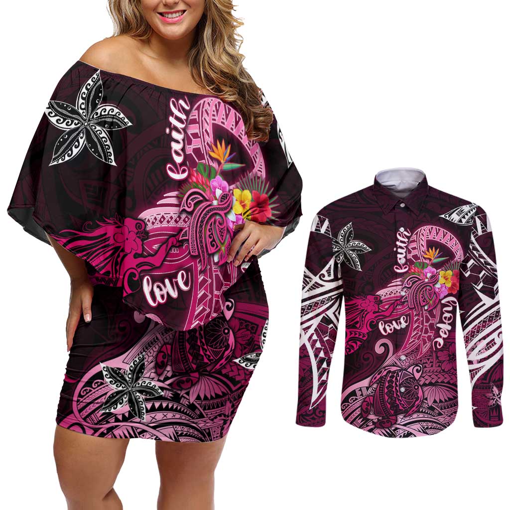 Breast Cancer Mermaid Polynesia Couples Matching Off Shoulder Short Dress and Long Sleeve Button Shirt Faith Hope Love DT02 Pink - Polynesian Pride
