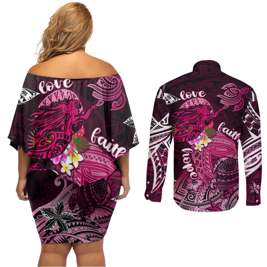 Breast Cancer Mermaid Polynesia Couples Matching Off Shoulder Short Dress and Long Sleeve Button Shirt Faith Hope Love DT02 - Polynesian Pride
