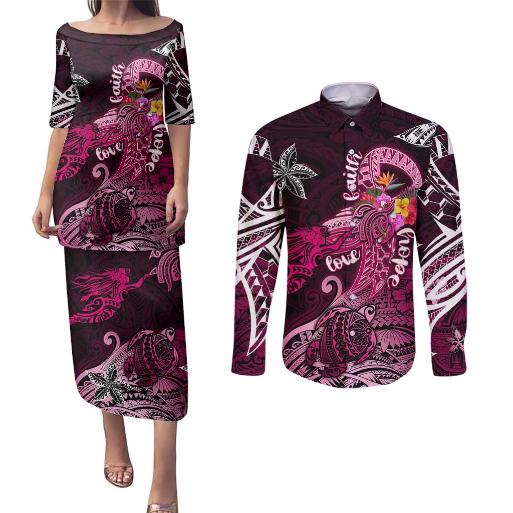 Breast Cancer Mermaid Polynesia Couples Matching Puletasi and Long Sleeve Button Shirt Faith Hope Love DT02 Pink - Polynesian Pride