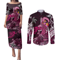 Breast Cancer Mermaid Polynesia Couples Matching Puletasi and Long Sleeve Button Shirt Faith Hope Love DT02 Pink - Polynesian Pride