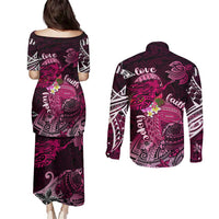 Breast Cancer Mermaid Polynesia Couples Matching Puletasi and Long Sleeve Button Shirt Faith Hope Love DT02 - Polynesian Pride