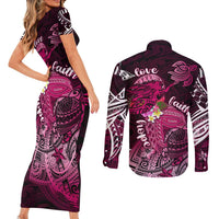 Breast Cancer Mermaid Polynesia Couples Matching Short Sleeve Bodycon Dress and Long Sleeve Button Shirt Faith Hope Love DT02 - Polynesian Pride