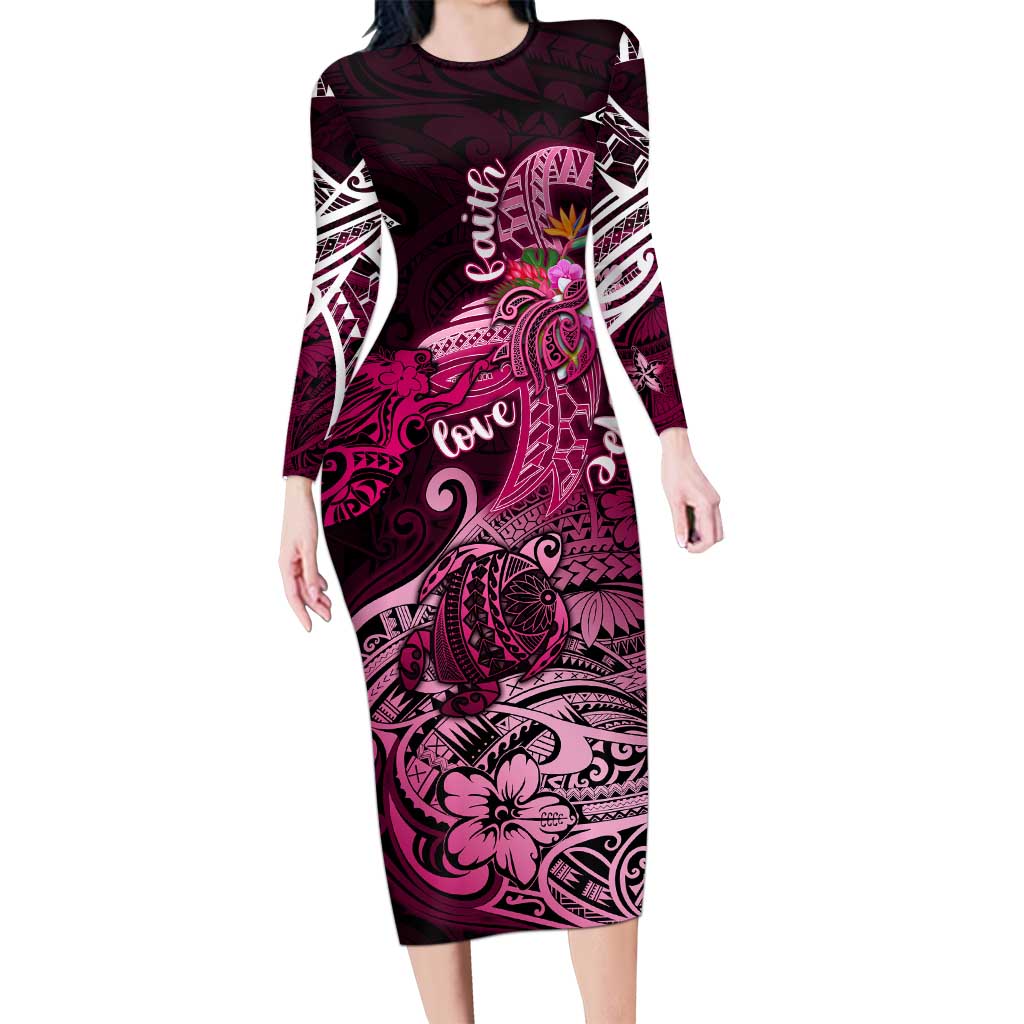 Breast Cancer Mermaid Polynesia Family Matching Long Sleeve Bodycon Dress and Hawaiian Shirt Faith Hope Love DT02 Mom's Dress Pink - Polynesian Pride