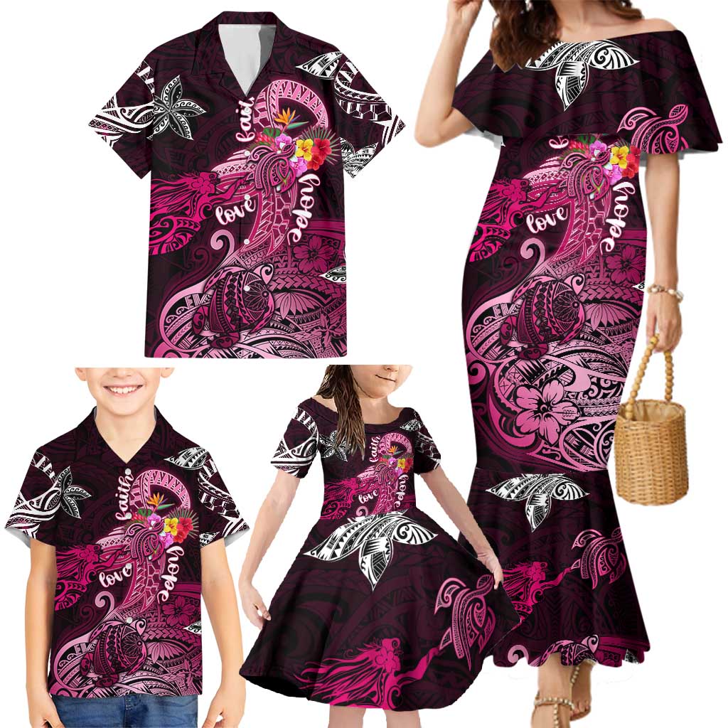 Breast Cancer Mermaid Polynesia Family Matching Mermaid Dress and Hawaiian Shirt Faith Hope Love DT02 - Polynesian Pride