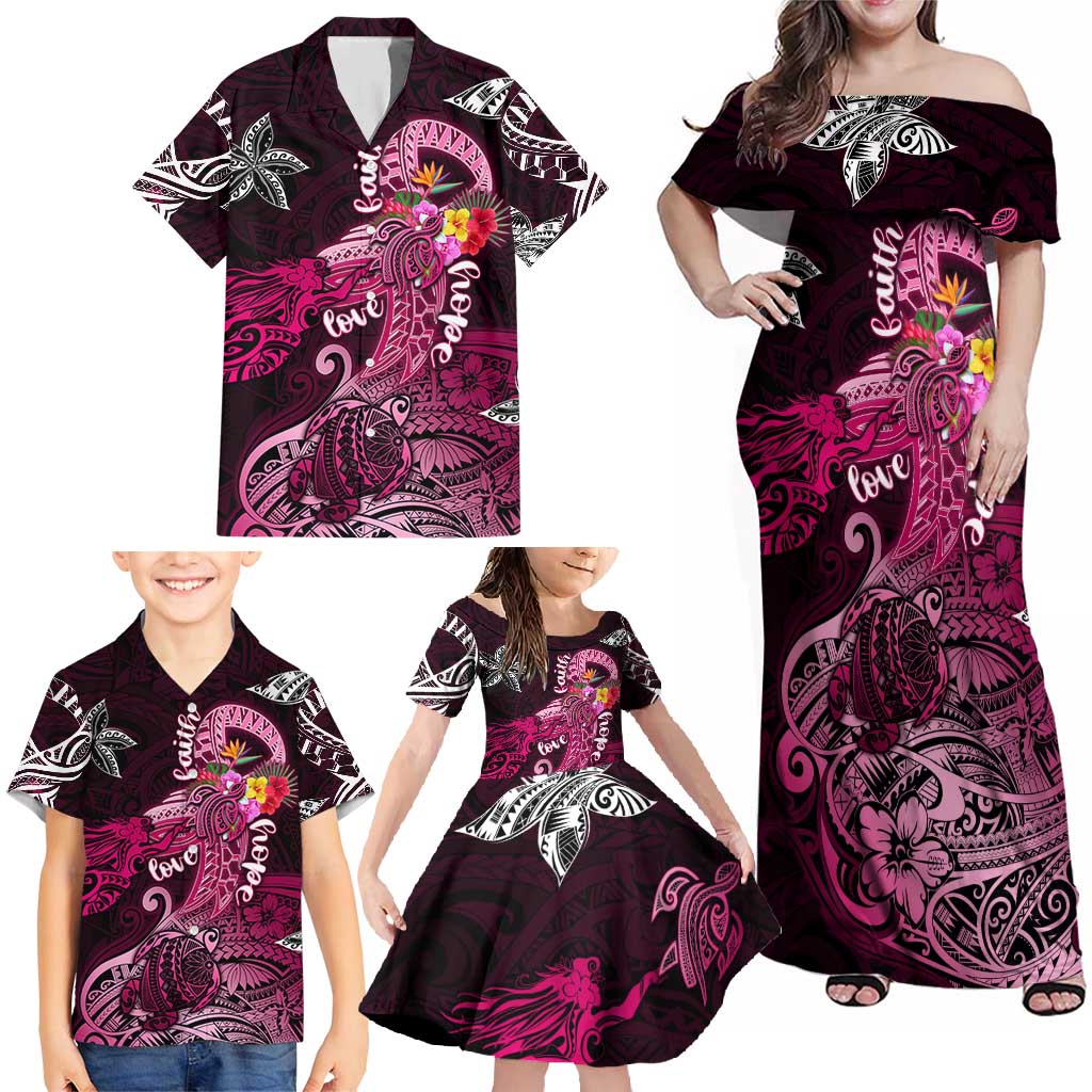 Breast Cancer Mermaid Polynesia Family Matching Off Shoulder Maxi Dress and Hawaiian Shirt Faith Hope Love DT02 - Polynesian Pride