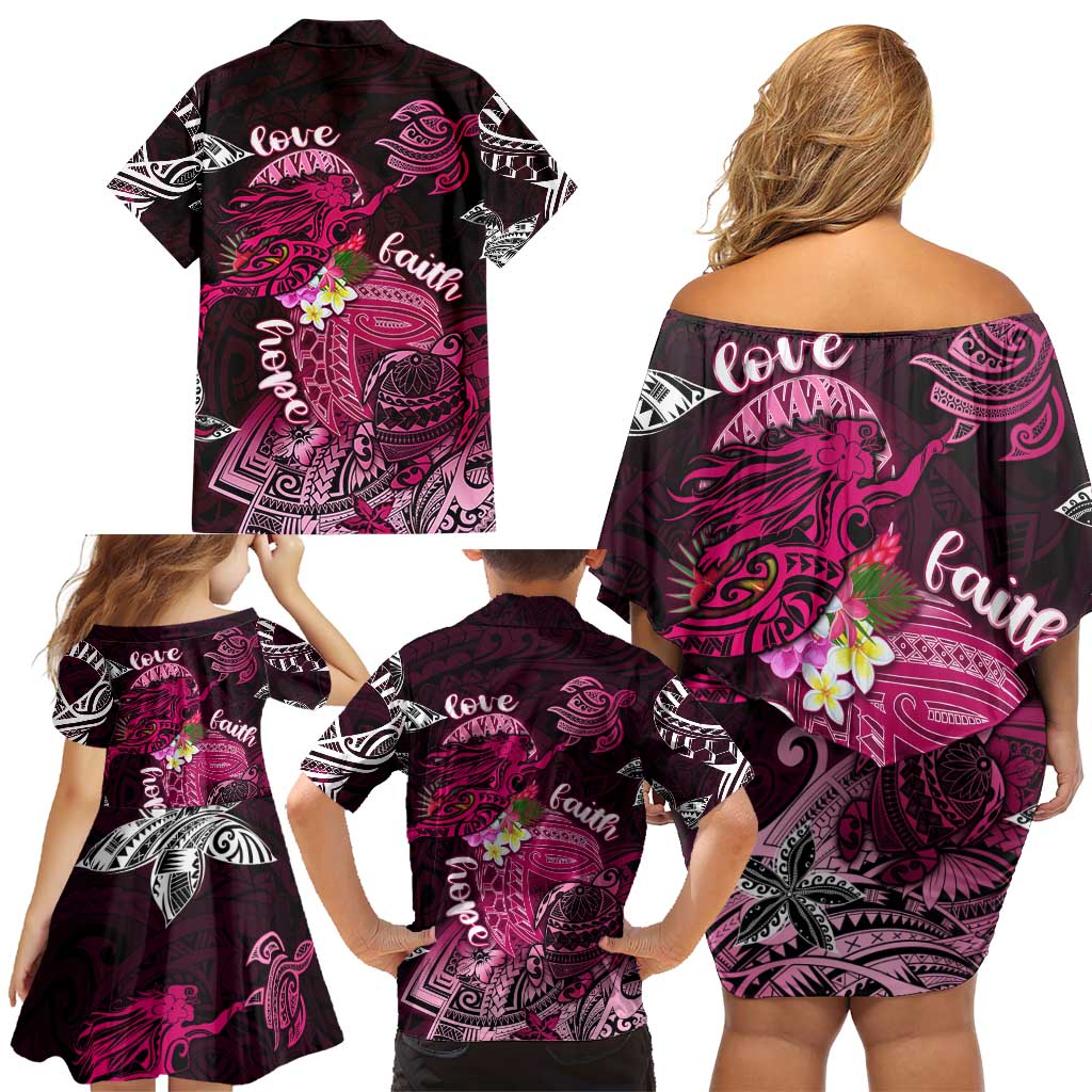 Breast Cancer Mermaid Polynesia Family Matching Off Shoulder Short Dress and Hawaiian Shirt Faith Hope Love DT02 - Polynesian Pride