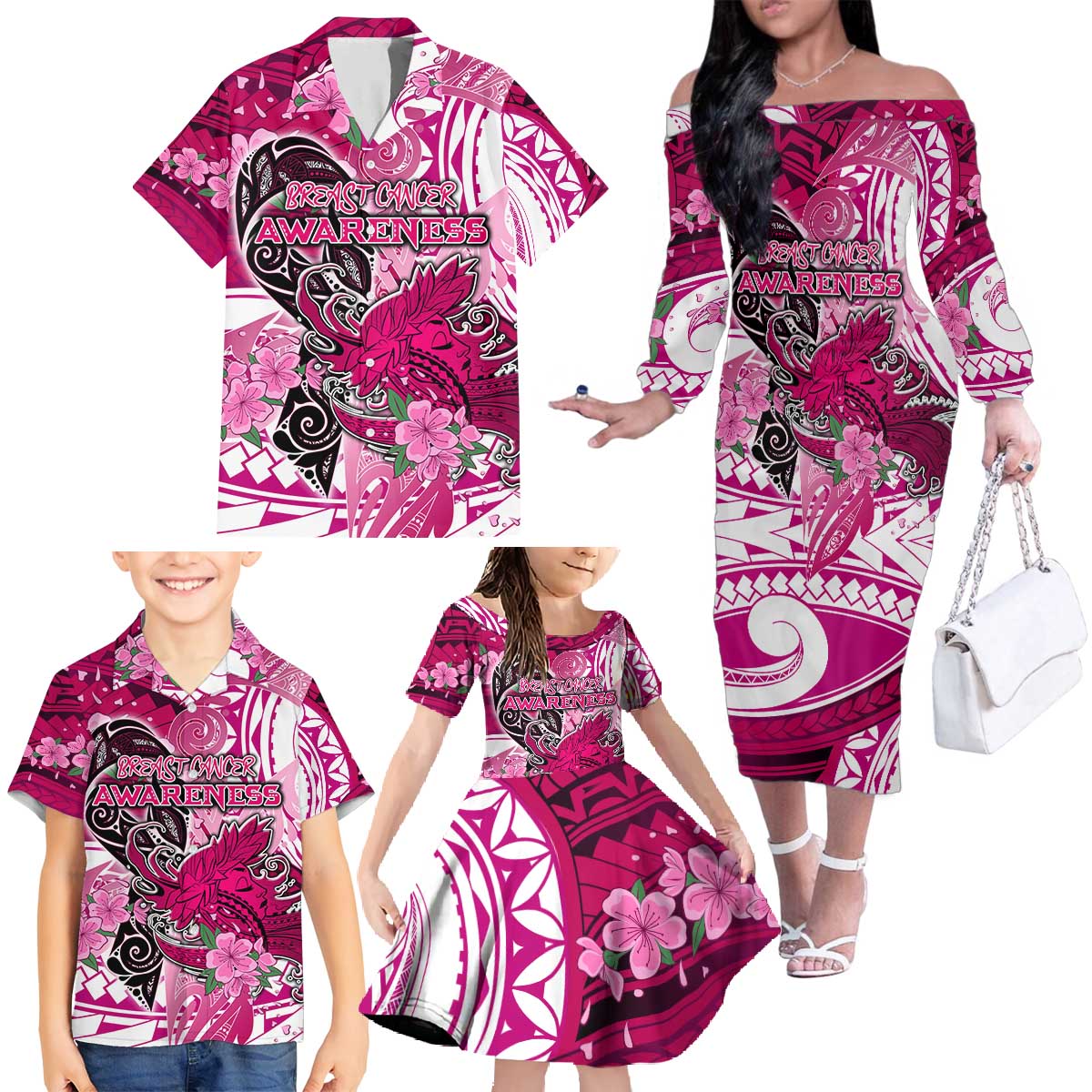 Breast Cancer Awareness Hawaii Family Matching Off The Shoulder Long Sleeve Dress and Hawaiian Shirt Polynesia Girl Nobody Fights Alone
