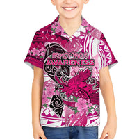 Breast Cancer Awareness Hawaii Family Matching Off Shoulder Short Dress and Hawaiian Shirt Polynesia Girl Nobody Fights Alone