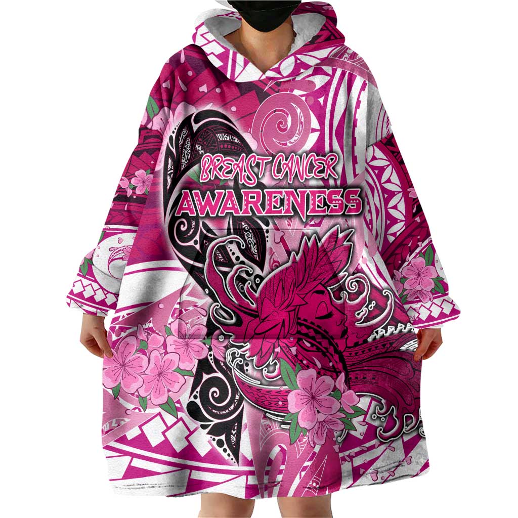 Breast Cancer Awareness Hawaii Wearable Blanket Hoodie Polynesia Girl Nobody Fights Alone