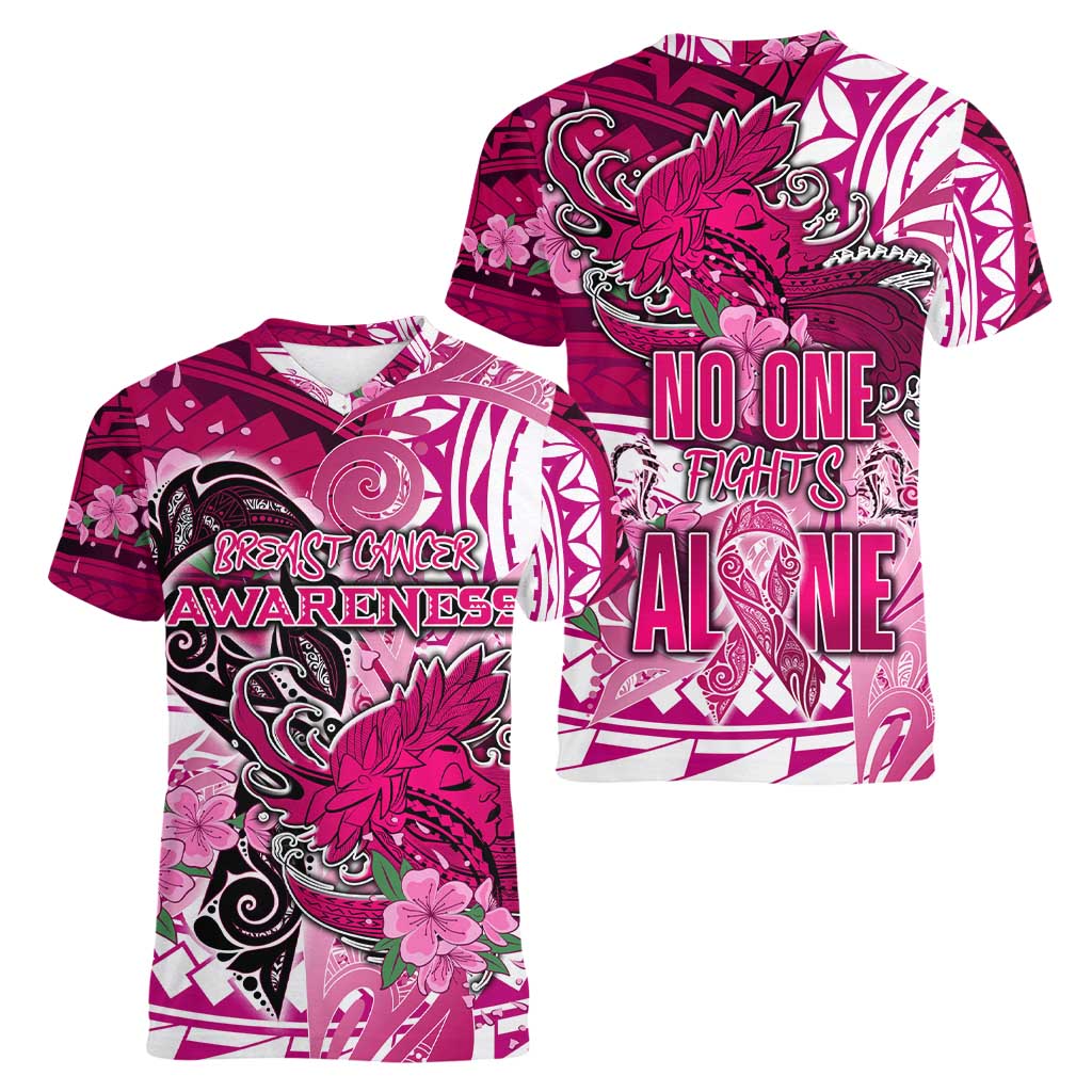 Breast Cancer Awareness Hawaii Women V-Neck T-Shirt Polynesia Girl Nobody Fights Alone