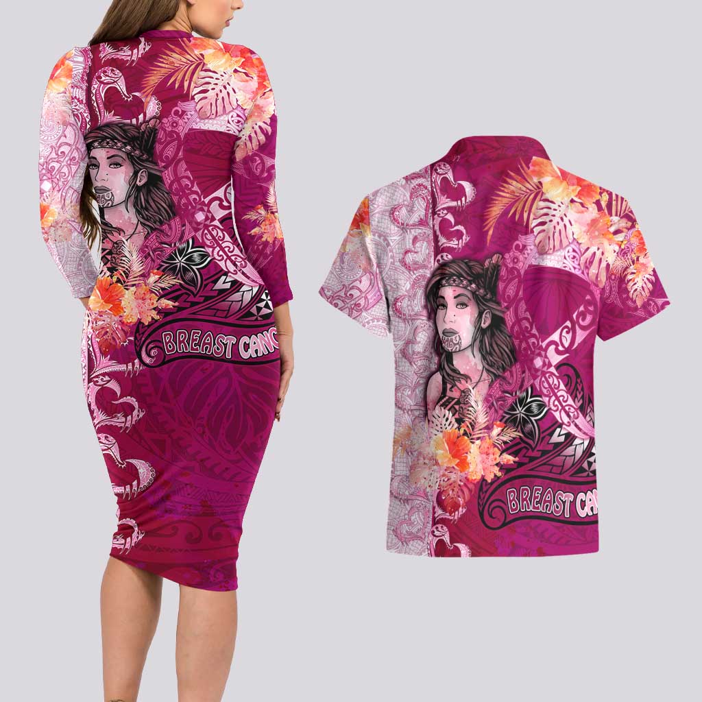 Breast Cancer New Zealand Couples Matching Long Sleeve Bodycon Dress and Hawaiian Shirt Maori Aotearoa Girl Pink Out DT02 - Polynesian Pride